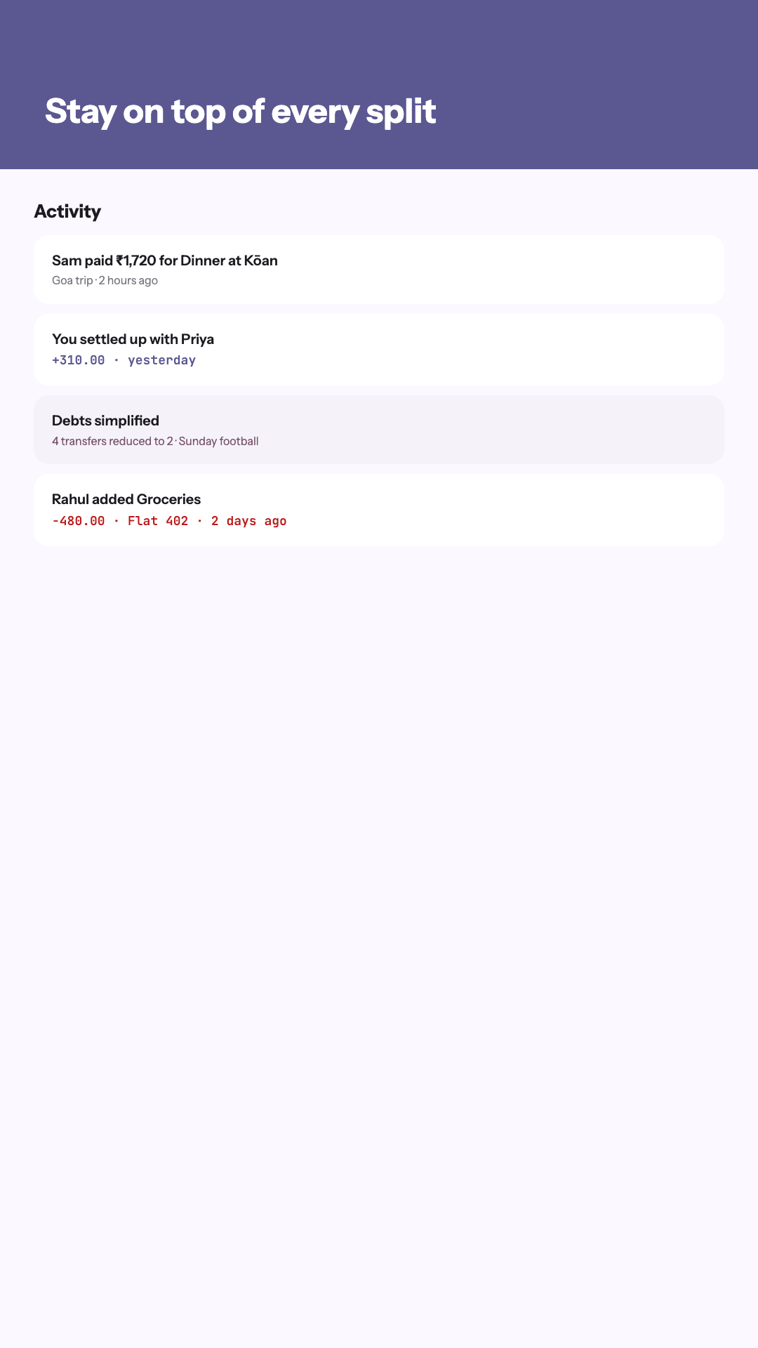 Activity feed of shared expenses